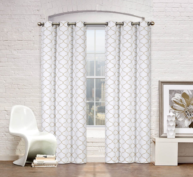 Kate Aurora Set of 2 Modern Elements Quatrefoil Lattice Poly Cotton Grommet Top Curtain Panels - Linen