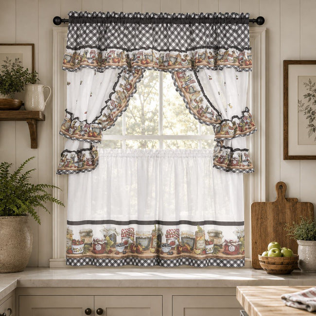 GoodGram Mason Jars Cottage Style Country Farmhouse Cafe Kitchen Curtain Swag & Tiers Set - 57 in. W x 24 in. L
