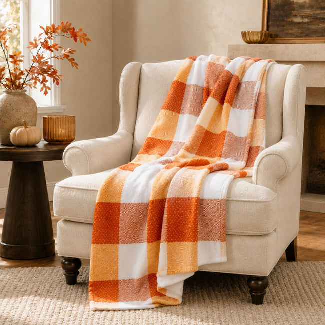 Kate Aurora Autumn Harvest Spice Thanksgiving Buffalo Plaid Farmhouse Accent Throw Blanket - 50" x 70"