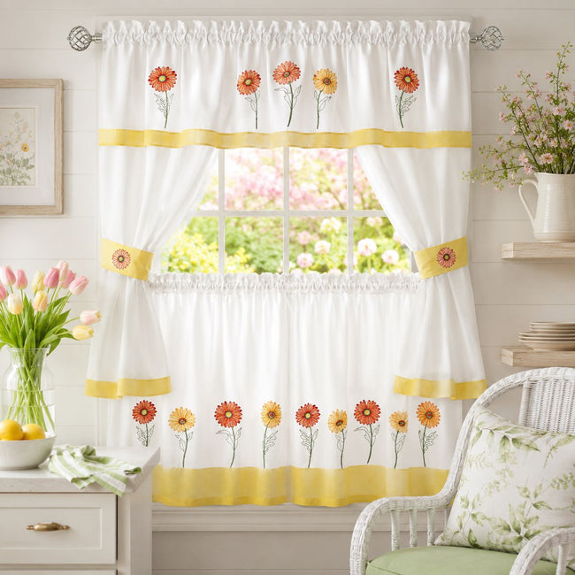 Kate Aurora Montauk Accents Embroidered Sunflowers & Daisies Complete 5 Piece Cottage Kitchen Curtain Tier & Valance Set - 24