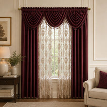 Kate Aurora 7 Piece Hampton Elegance Sheer Curtain Panels & Beaded Valances Set - Burgundy Beige