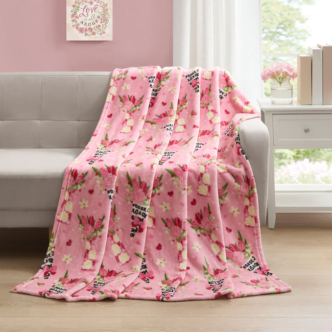 Kate Aurora Valentine's Day Flower Bouquet Oversized Pink Accent Throw Blanket - 50 in. X 70 in.