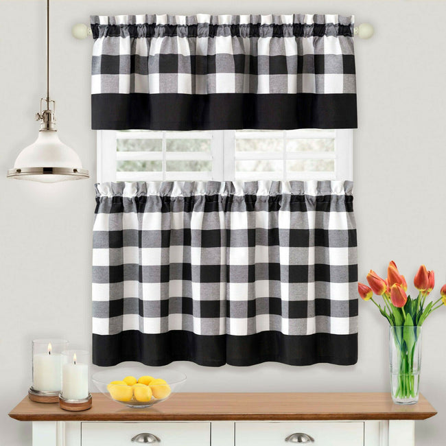 Kate Aurora Modern Country Farmhouse 3 Piece Plaid Checkered Cafe Kitchen Curtain Tier & Valance Set - 24 in - Black