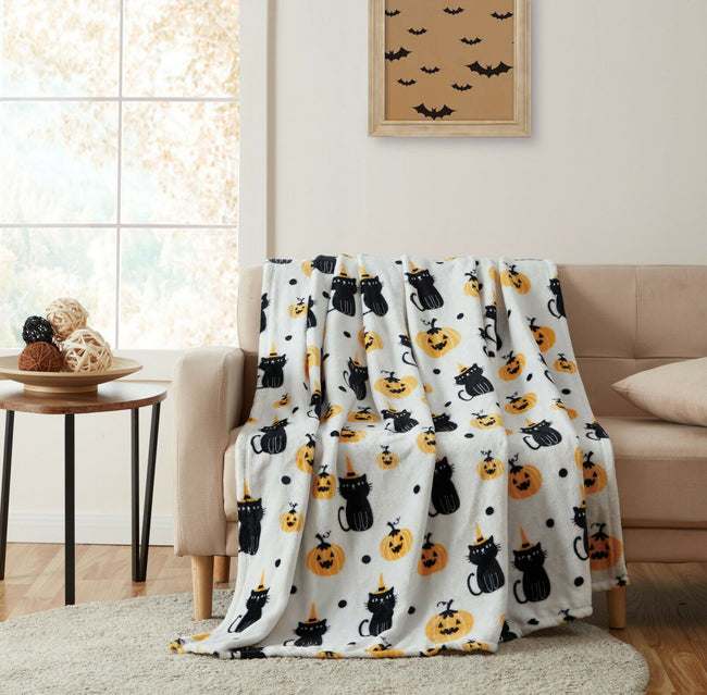 Kate Aurora Halloween Spooky Cats & Pumpkins Soft & Plush Oversized Oversized Accent Throw Blanket - White