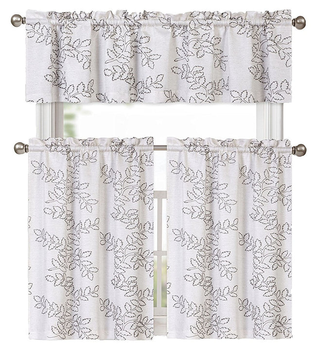 Kate Aurora Shabby Living Brielle Complete 3 Piece Embroidered Floral Cafe Kitchen Curtain Tier & Valance Set - 56 in. W x 36