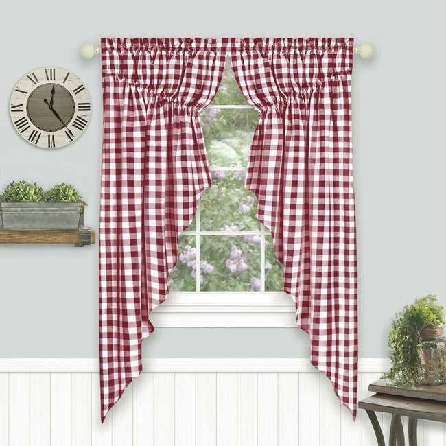 Kate Aurora Farmhouse Plaid Gingham Check Swag Valance Curtain Panel Pair - 72 in. W x 63 in. L, Burgundy