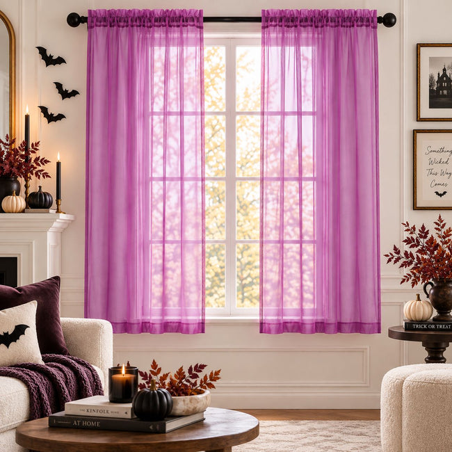 Kate Aurora 2 Piece Rod Pocket Halloween Purple Sheer Voile Window Curtains - 63 in. Long