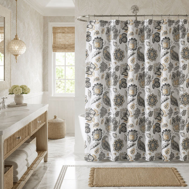 Kate Aurora Shabby Chic Yellow & Gray Floral Paisley Mold & Mildew Resistant Fabric Shower Curtain - Standard Size