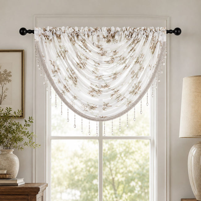 Kate Aurora 1 Piece Printed Cherry Blossom Beaded Rod Pocket Window Valance - Taupe