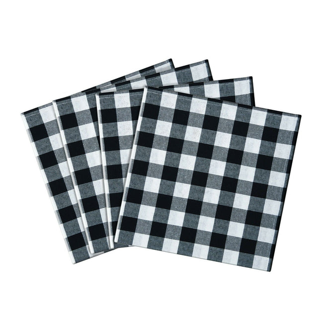 Kate Aurora Country Living 4 Pack Gingham Plaid Checkered Country Farmhouse Napkins - 8 in. W x 8 in. L, Black/White