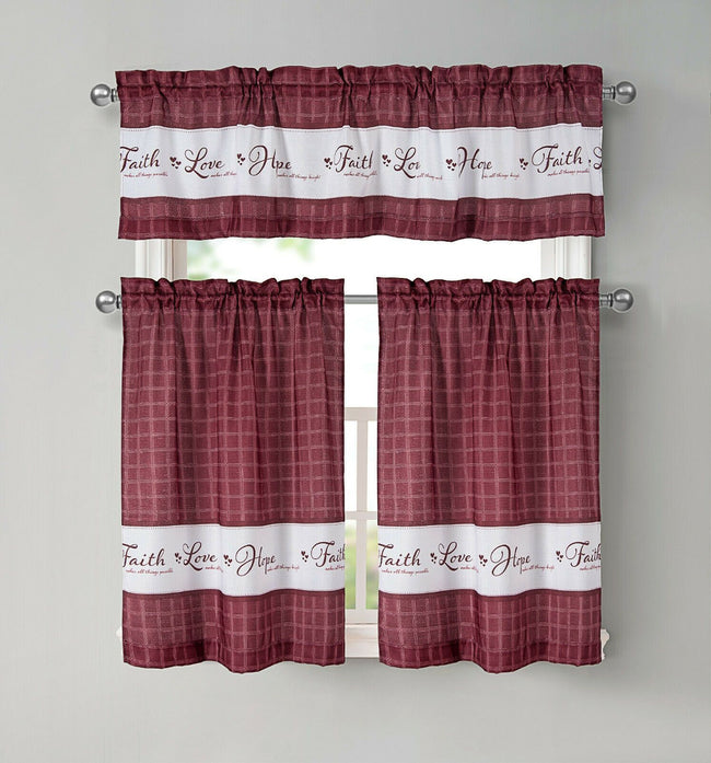 Kate Aurora Country Living Gingham Check Hope Faith Love 3 Pc Cafe Kitchen Curtain Set - 58 in. W x 14 in. L, Burgundy