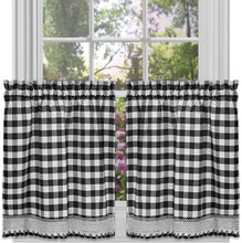 Kate Aurora Complete 3 Piece Country Farmhouse Plaid Gingham Black & White Buffalo Check Kitchen Curtain Tier & Valance Set -