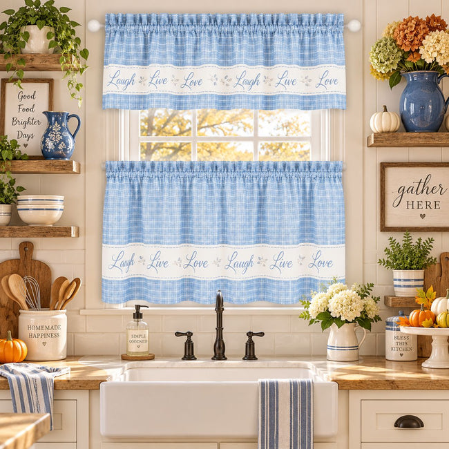 Kate Aurora Country Farmhouse Gingham Plaid Check Live~Laugh~Love 3 Pc Kitchen Curtain Set - 57 in. W x 24 in. L, Baby Blue