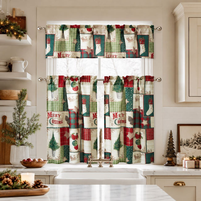 Kate Aurora Holiday Living Complete Classic Merry Christmas 3 Pc Kitchen Curtain Tier And Valance Set - 56 in. W x 36 in. L