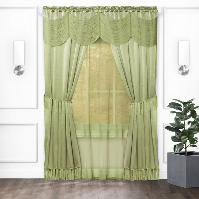 Kate Aurora Satin Chic Complete Attached Window Curtain, Tiebacks & Valance Set - 84 in. Long - Sage