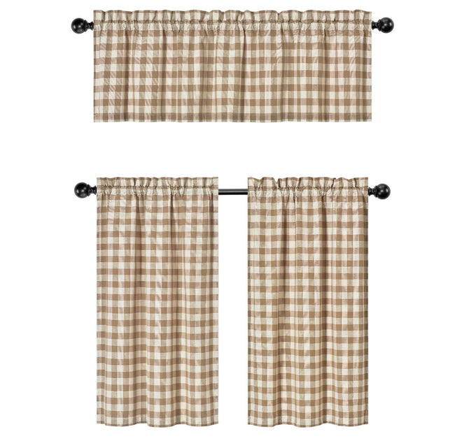GoodGram Country Farmhouse Linen Gingham Checkered Plaid Cafe Kitchen Curtain Tier And Valance Set
