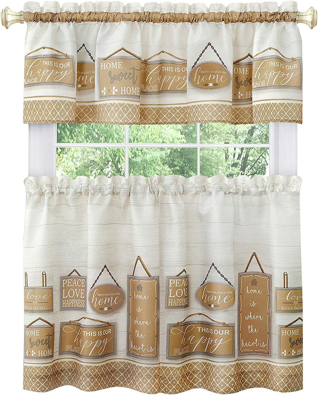 Kate Aurora Modern Farmhouse Complete 3 Piece Rod Pocket Tier and Valance Kitchen Curtain Set - 24 in. Long - Tan