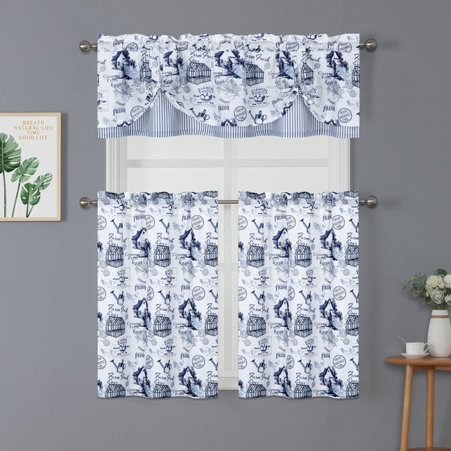 Kate Aurora Rooster Toile Complete 3 Pc Café Kitchen Curtain Tier And Valance Set - 56 in. W x 36 in. L, Blue