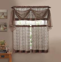 Kate Aurora Complete 4 Piece Linen Leaf Embroidered Complete Kitchen Curtain Set