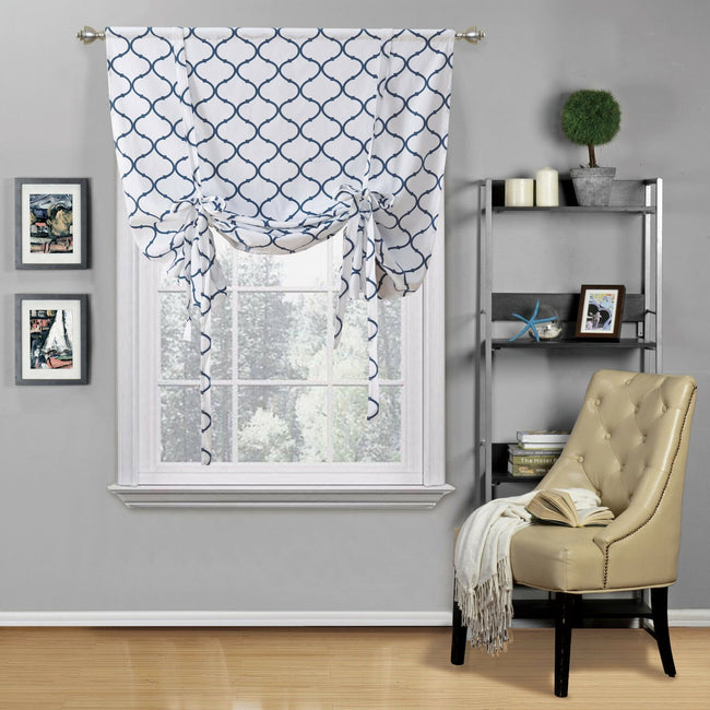 Kate Aurora Living Shabby Chic Trellis Quatrefoil Single Tie Up Window Curtain Shade - 42 in. W x 63 in. L, Navy