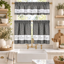 Kate Aurora Country Farmhouse Gingham Plaid Check Live~Laugh~Love 3 Pc Kitchen Curtain Set - 56 in. W x 24 in. L, Gray