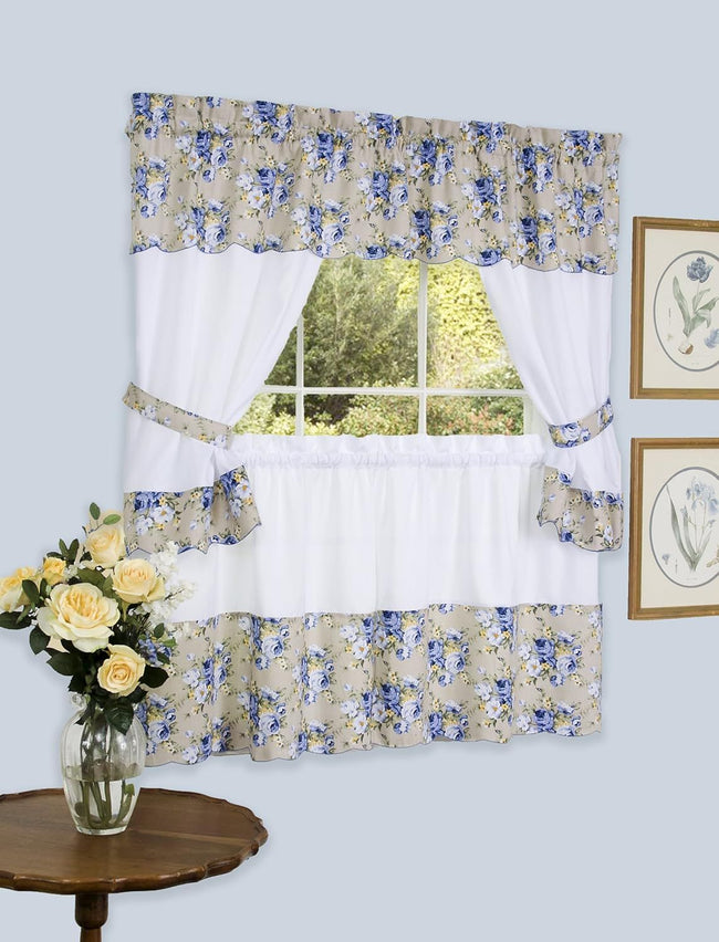 Kate Aurora 5 Piece Blue and White Floral Cafe Rod Pocket Kitchen Curtain and Valance Set - 24 in. Long