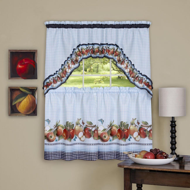 Kate Aurora Apple Medley 3 Piece Rod Pocket Cafe Cottage Semi Sheer Kitchen Curtain Tier And Valance Set - 24 in. Long