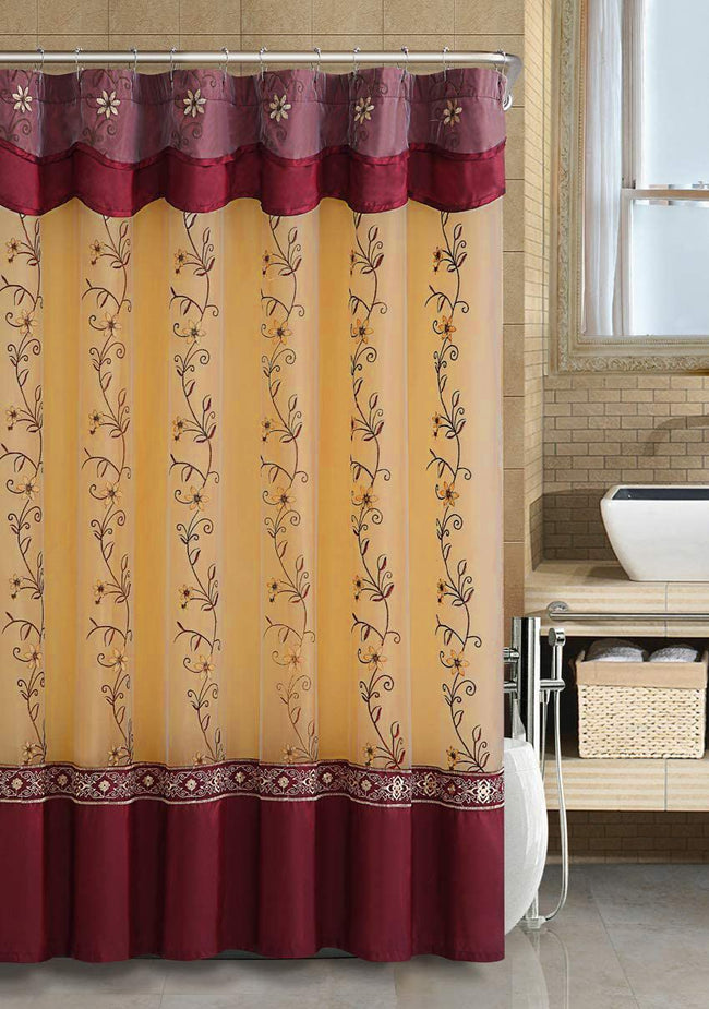 Kate Aurora Royal Living Daphne Embroidered Sheer & Taffeta Fabric Shower Curtain - Burgundy