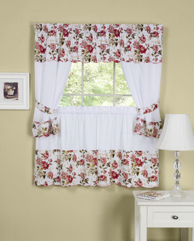 Kate Aurora 5 Piece Pink And White Vintage Roses Cafe Rod Pocket Kitchen Curtain and Valance Set - 24 in. Long