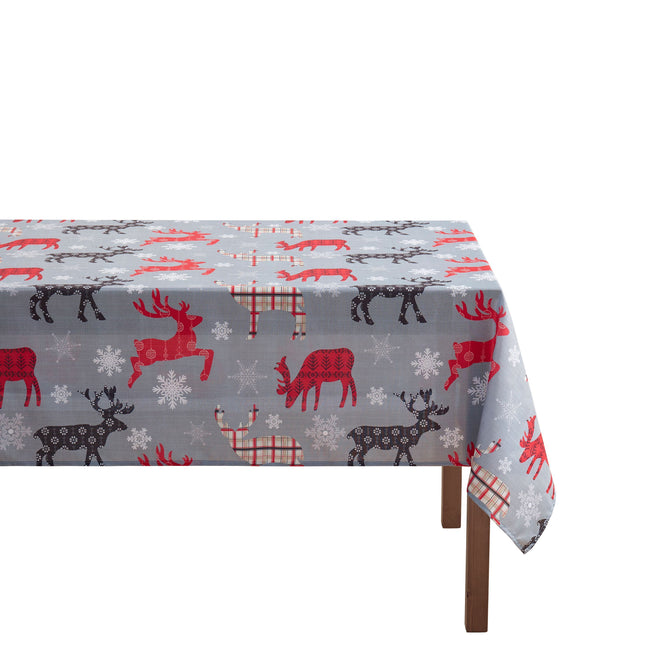 Kate Aurora Holiday Living Plaid Christmas Reindeer & Snowflakes Fabric Tablecloth - 6-8 Chairs