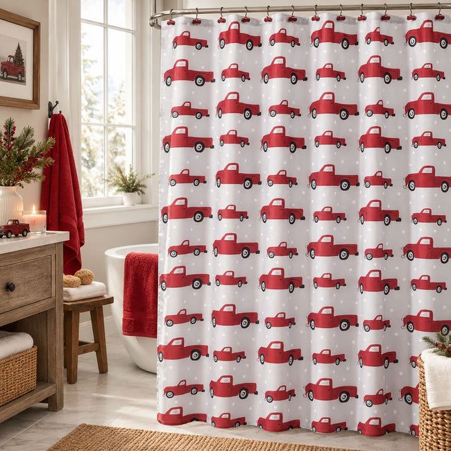 Kate Aurora Tis' The Season Holiday Christmas Trucks Fabric Shower Curtain With 12 Matching Hooks