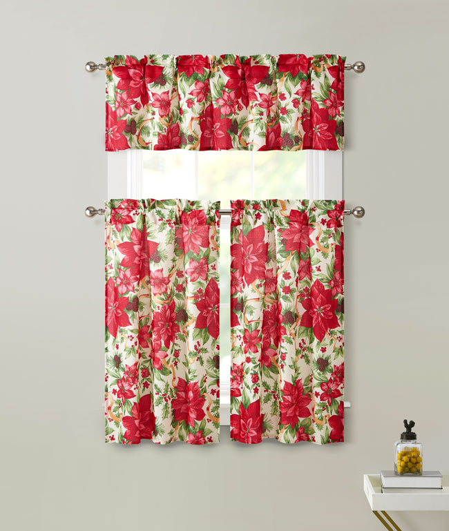 Kate Aurora Christmas Ribbon Complete Semi Sheer Kitchen Curtain Tier & Valance Set