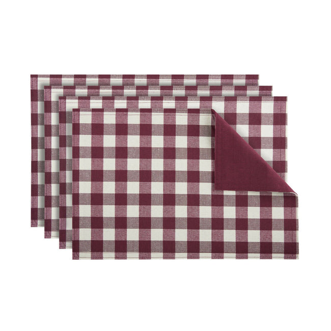 Kate Aurora 4 Pack Gingham Plaid Checkered Reversible Country Farmhouse PlaceMat - 18 in. W x 18 in. L, Burgundy