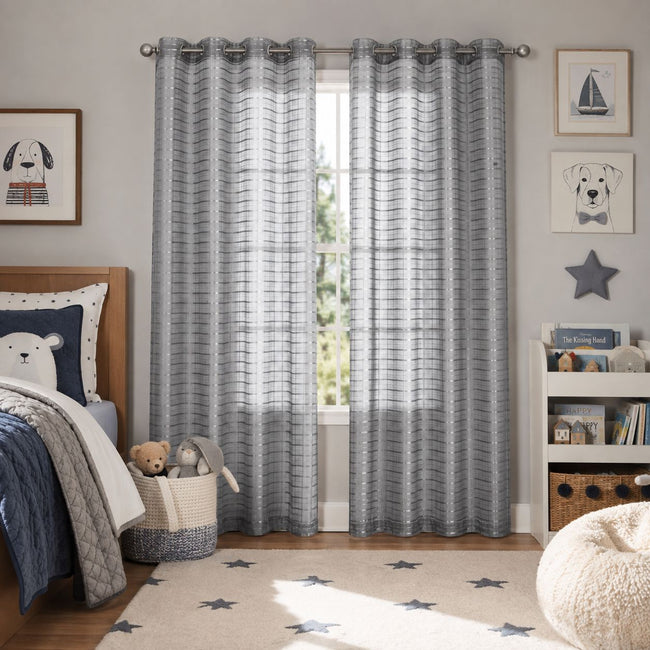 Kate Aurora 2 Piece Silver Plaid Grommet Top Sheer Window Curtain Panels - 84 in. Long