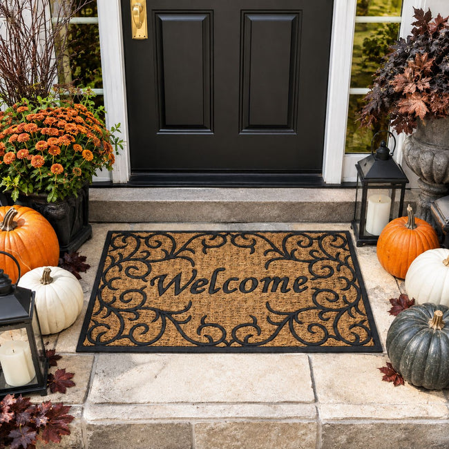 Kate Aurora Welcome Ironwork Designed Coir Bristled Outdoor All Season Welcome Mat With Rubber Trim - 18"x30"