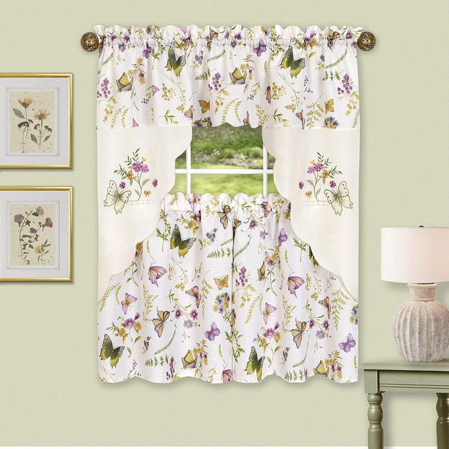 Kate Aurora Embellished Butterflies Garden Kitchen Curtain Tier & Swag 3 Piece Set