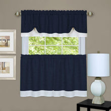 Kate Aurora Flax Styled Semi Sheer 3 Piece Tie-Up Kitchen Curtain Tier & Valance Set - 58 in. W x 24 in. L, Navy/White
