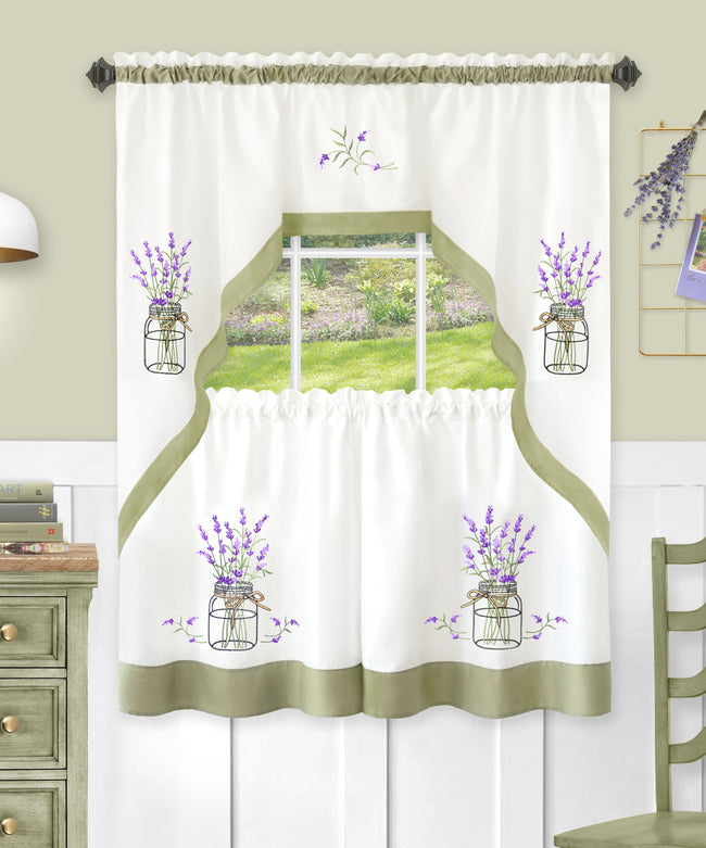 Kate Aurora Montauk Accents Lavender Floral Embellished Complete 3 Piece Kitchen Curtain Tier & Valance Set - 36 in. Long