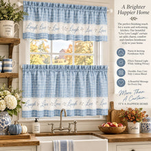 Kate Aurora Country Farmhouse Gingham Plaid Check Live~Laugh~Love 3 Pc Kitchen Curtain Set - 57 in. W x 24 in. L, Baby Blue