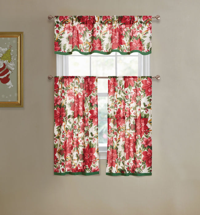 Kate Aurora Holiday Living Classic Poinsettia Complete 3 Piece Christmas Kitchen Curtain Tier & Valance Set - 58 in. W x 36 i