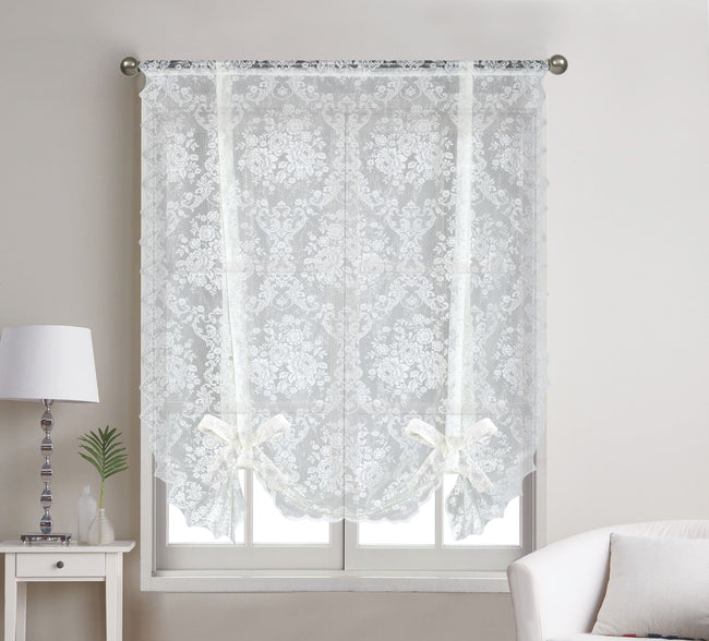 Kate Aurora Country Farmhouse Shabby Chic Floral Lace Tie Up Single Curtain Shade - 42 in. W x 63 in. L, Off White
