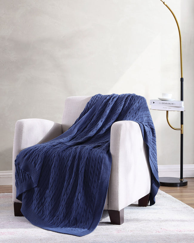 Kate Aurora University Living® Ultra Soft & Plush Oversized "The Scholar" Cable Knit Cotton Accent Throw Blanket - Navy
