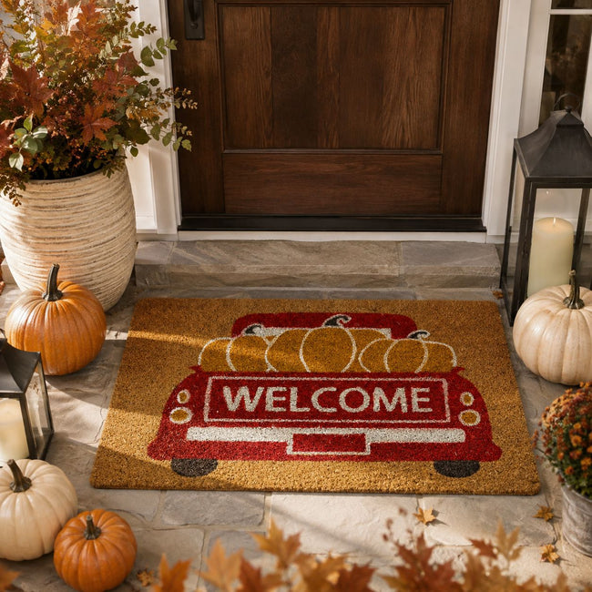 Kate Aurora Fall Harvest Welcome Pumpkin Truck Bristled Outdoor Welcome Mat - 18"x30"