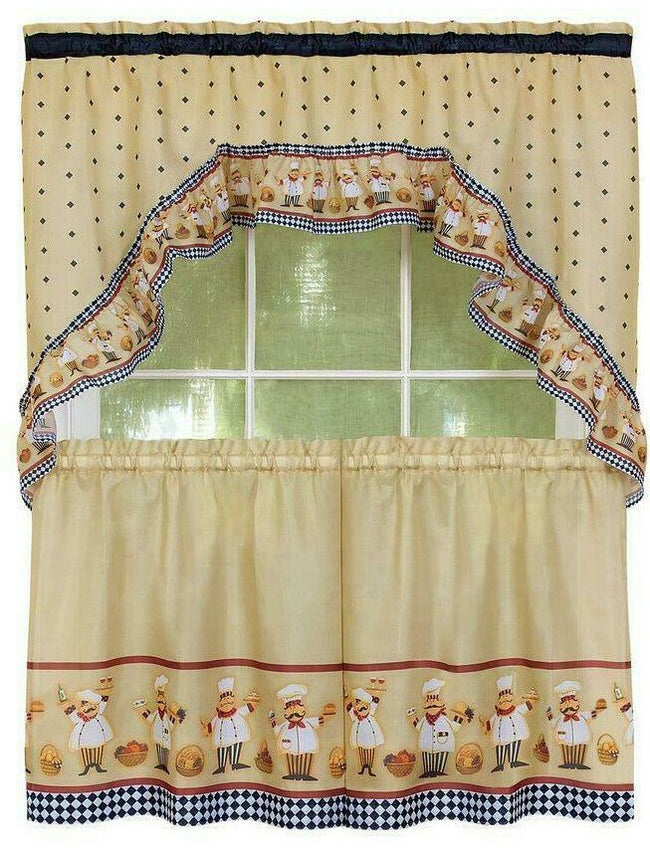 Kate Aurora Fat Chef Cucina Rod Pocket Cafe Kitchen Curtain Tier and Swag Valance Set  - 57 in. W x 24 in. L