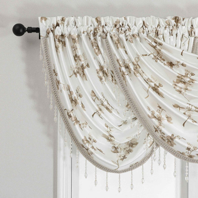Kate Aurora 3 Piece Printed Cherry Blossom Beaded Rod Pocket Window Valances - Taupe