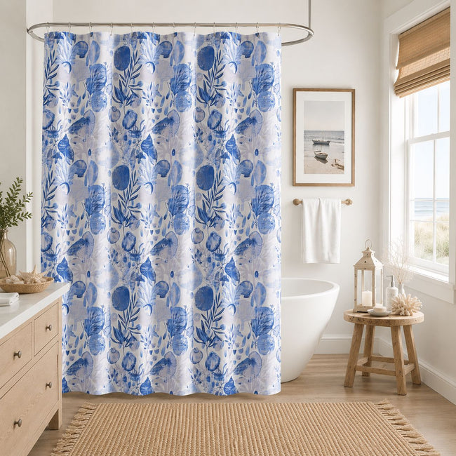 Kate Aurora Nantucket Harbor Blue Coral & Seashells Fabric Shower Curtain - Standard Size