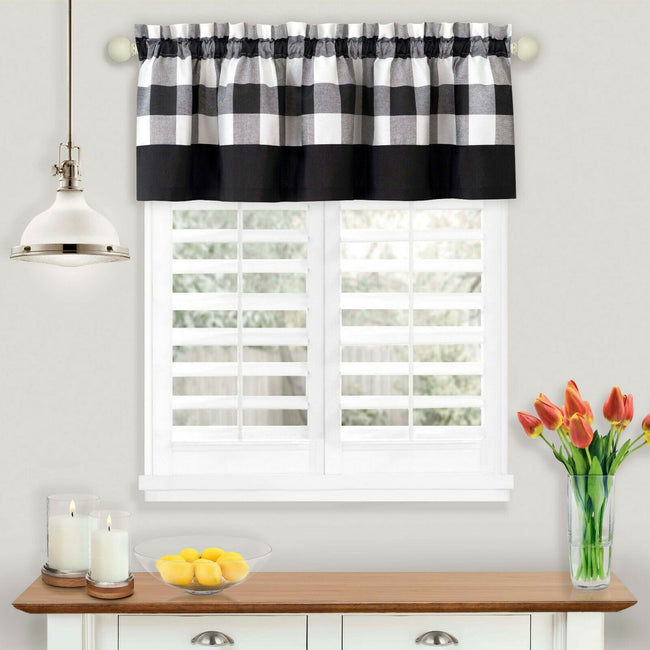 Kate Aurora Modern Farmhouse Buffalo Plaid Checkered Rod Pocket Window Valance - Black