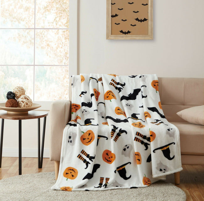 Kate Aurora Halloween Witches Pumpkins & Bats Ultra Soft & Plush Oversized Accent Throw Blanket - White