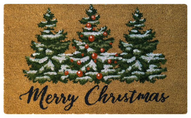 Kate Aurora Merry Christmas Trees Evergreen Bristled Coir Outdoor Welcome Mat - 18"x30"