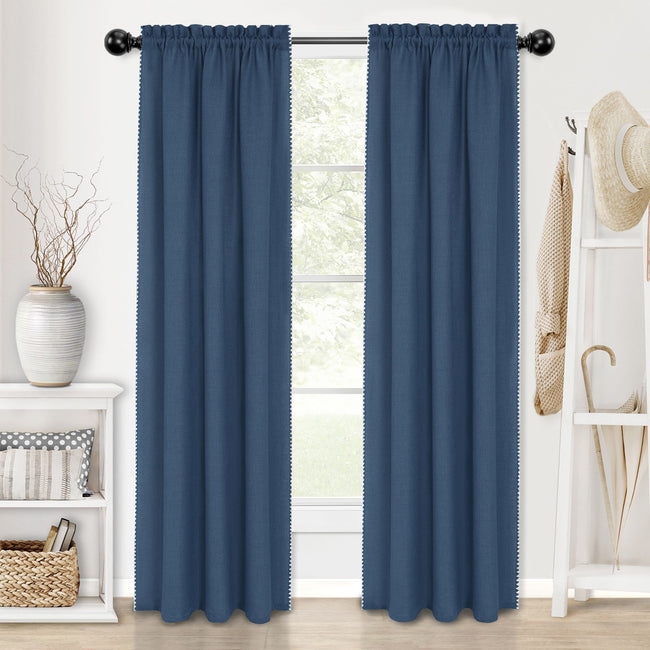 Kate Aurora 2 Piece Hamptons Coastal Living Textured Semi Sheer Rod Pocket Curtain Panels - 84 in. Long - Navy